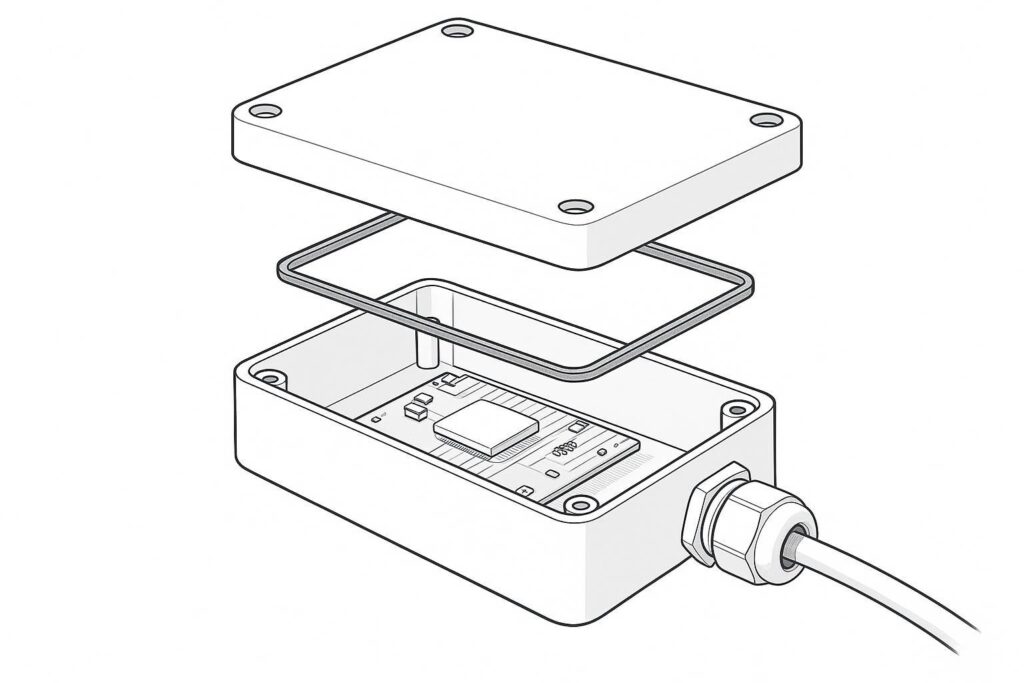 Custom plastic electronic enclosure for industrial control and sensors with gasket sealing, EMI shielding layer, and thermal path