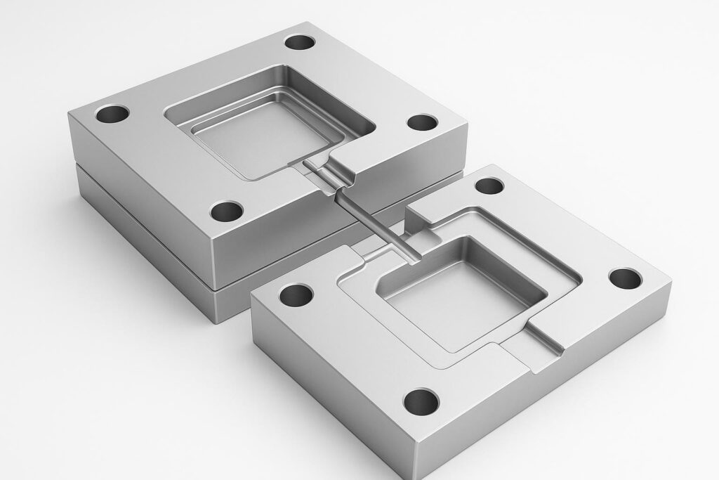 3D CAD render of an injection mold showing gate, vent grooves, and drafted walls