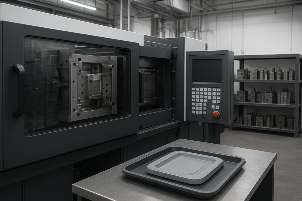 Plastic injection molding machine producing a molded part in a modern factory