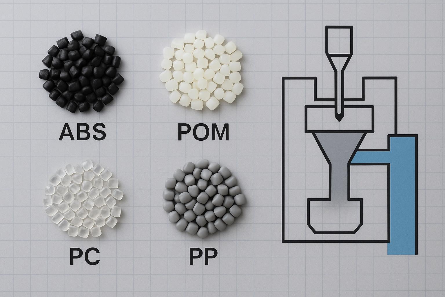 塑料零件的材料选择:ABS vs POM vs PC vs PP(含 DFM 含义) 1 Material selection for plastic parts cover image showing ABS, POM, PC, and PP samples with an injection mold diagram