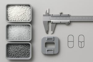 Injection molding materials cover image showing resin pellets and a caliper measuring a molded part