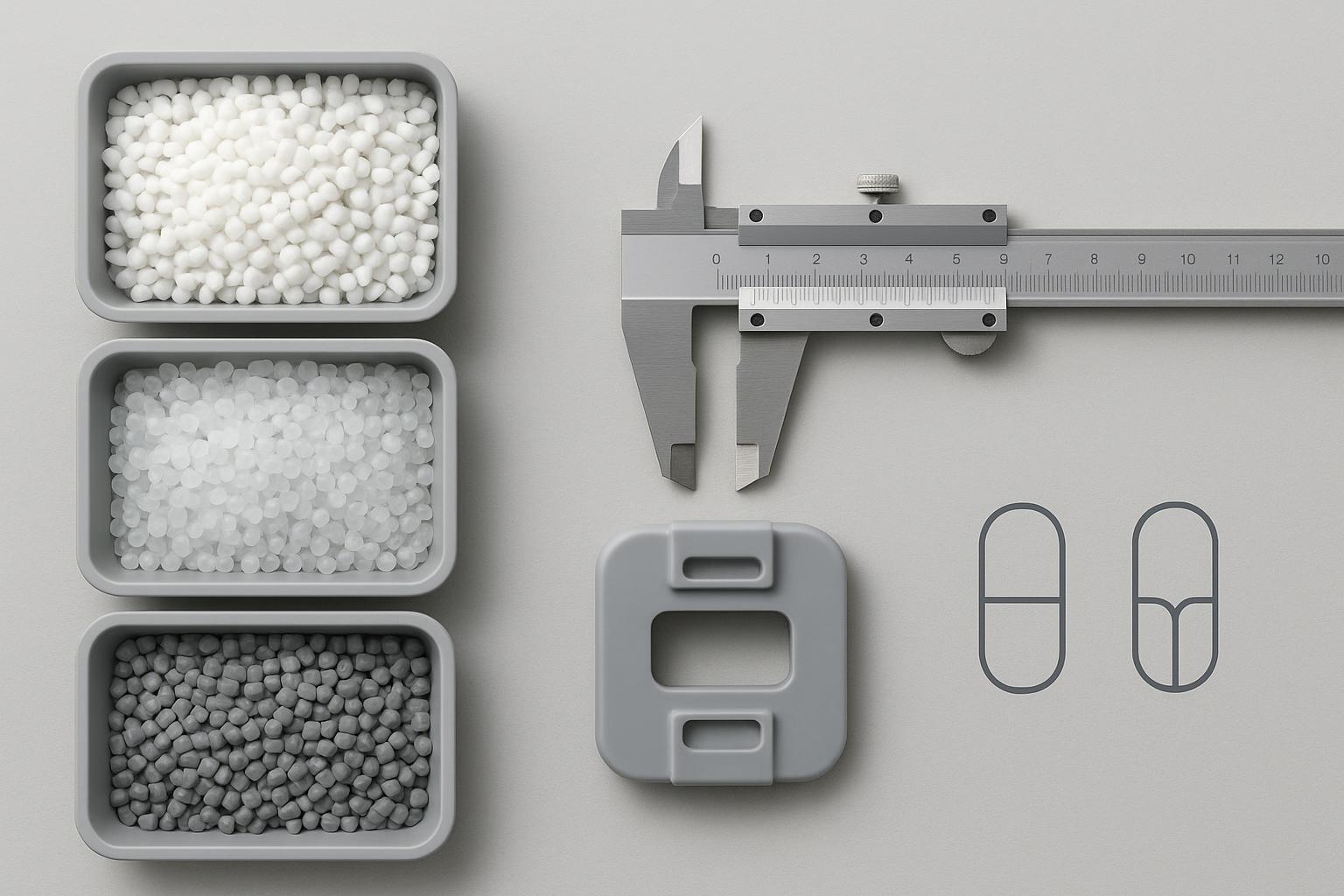 Injection molding materials cover image showing resin pellets and a caliper measuring a molded part