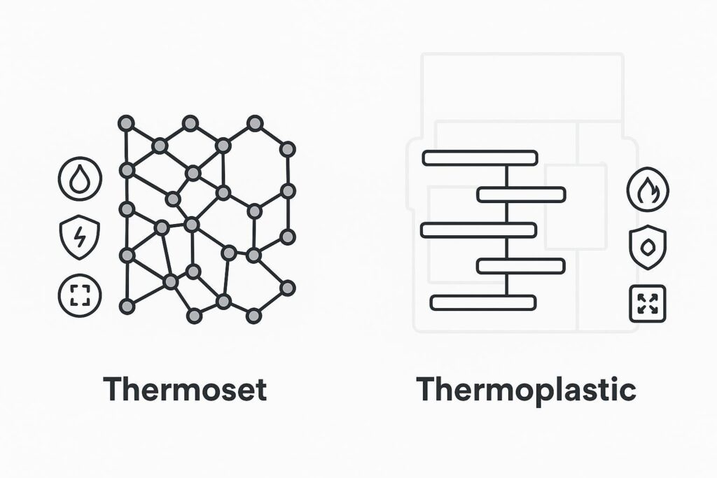 Thermoset plastics (PF, UF, MF, UP, EP, silicone): what they are and when they beat thermoplastics 1 Thermoset plastics vs thermoplastics shown as crosslinked and linear polymer structures