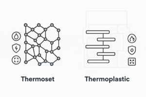 Thermoset plastics vs thermoplastics shown as crosslinked and linear polymer structures