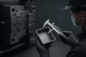 Injection molding machine and inspection of an industrial enclosure component