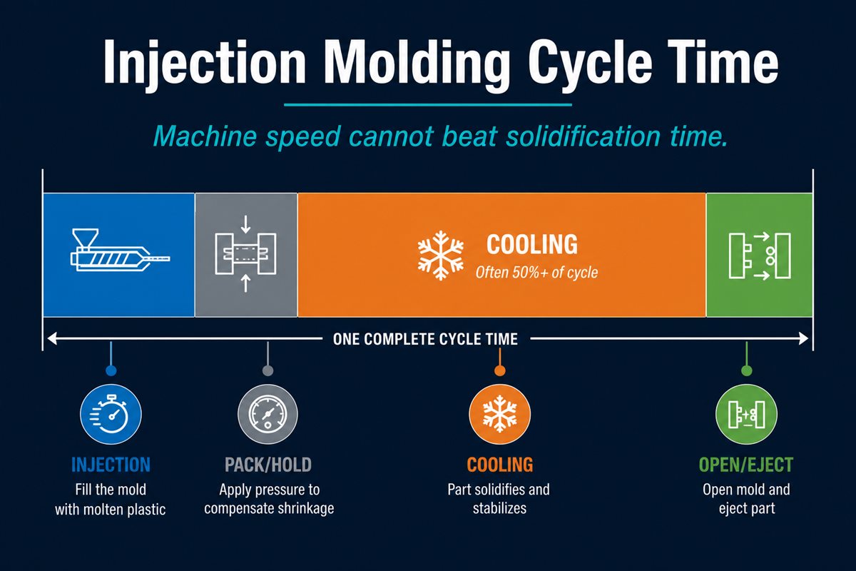 为什么冷却时间常常限制注塑周期效率 1 Injection molding cycle time breakdown showing cooling often exceeds 50 percent of the total cycle