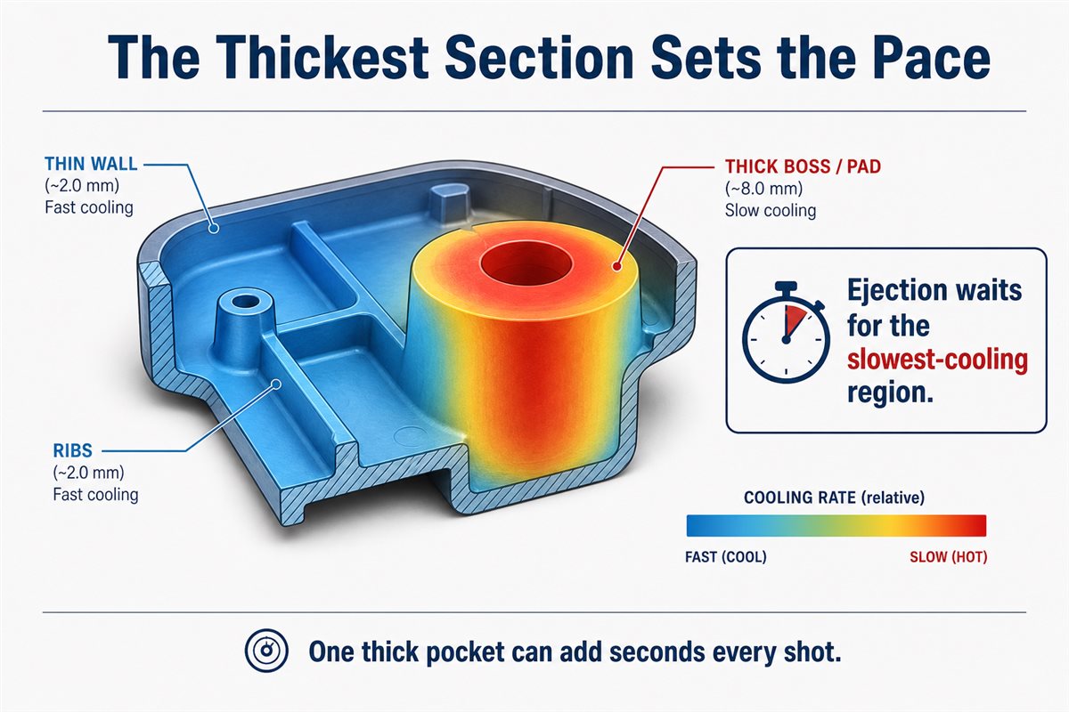 为什么冷却时间常常限制注塑周期效率 3 Thick section in an injection molded part creating a cooling bottleneck for the entire mold cycle