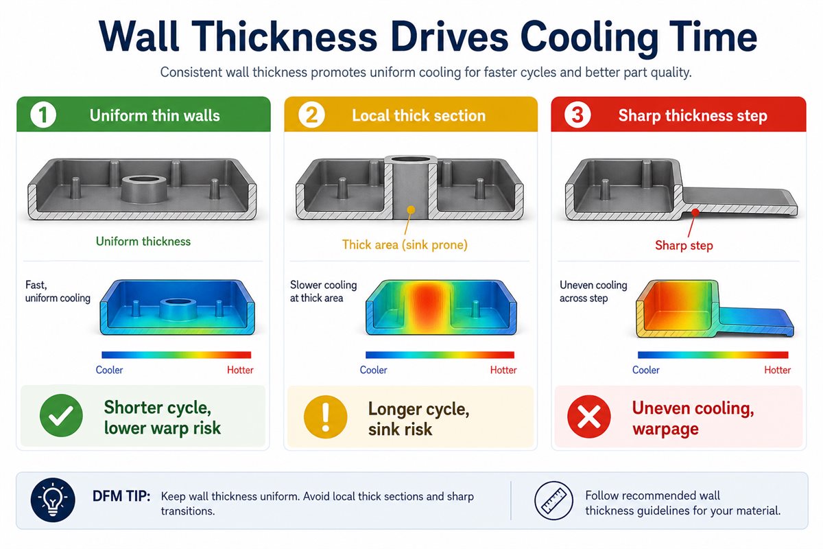 为什么冷却时间常常限制注塑周期效率 4 Comparison of uniform thin walls, local thick sections, and sharp thickness transitions in injection molding