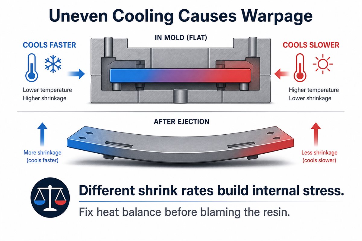 为什么冷却时间常常限制注塑周期效率 5 Uneven cooling causing different shrink rates and warpage in an injection molded part