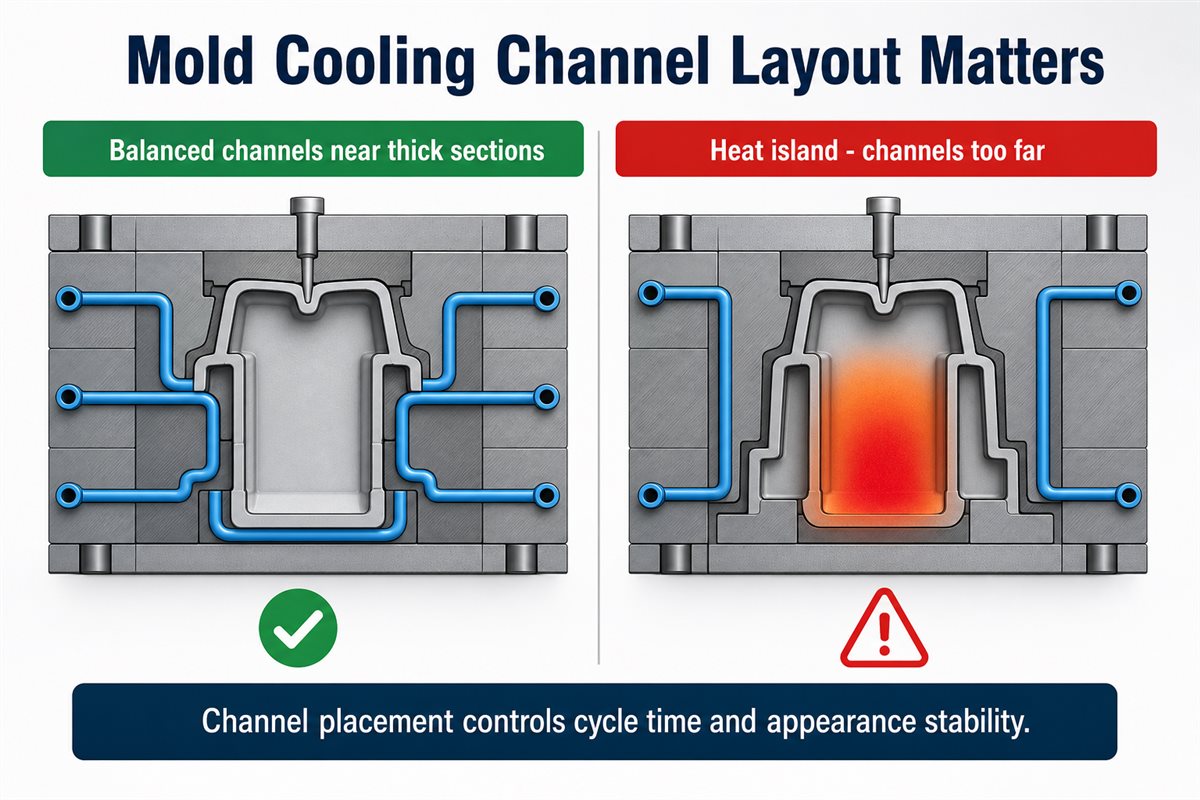 为什么冷却时间常常限制注塑周期效率 6 Balanced mold cooling channels versus heat islands caused by channels placed too far from thick sections