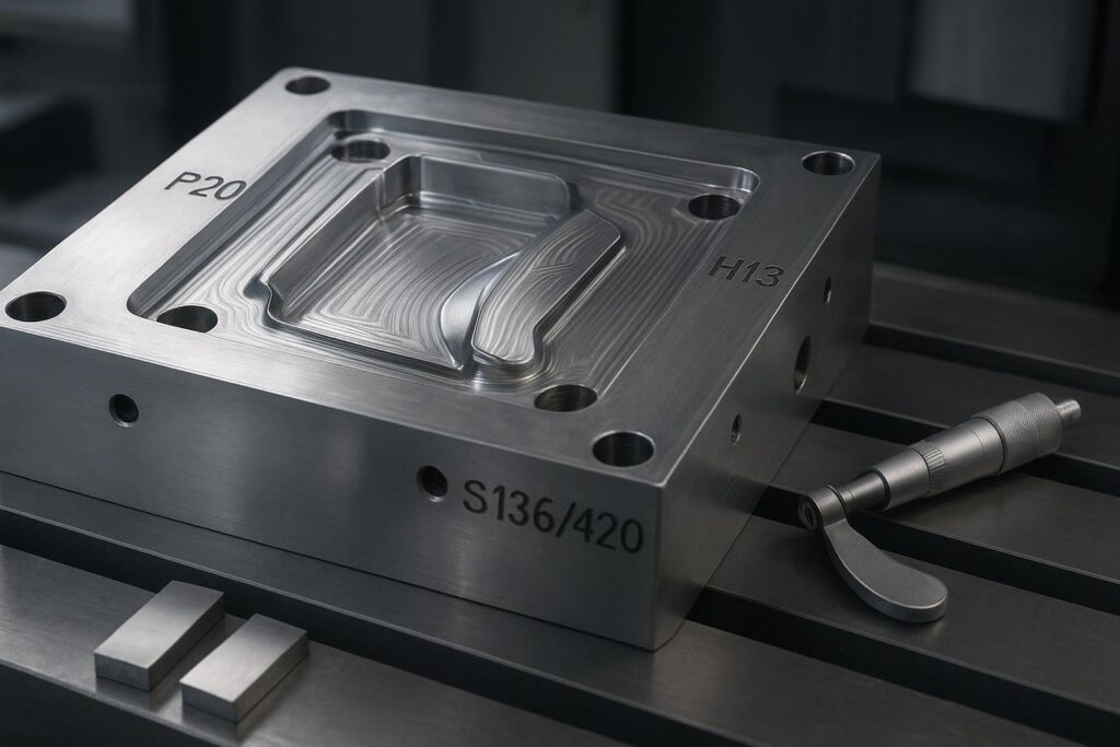 High-precision injection mold with labeled tool steel grades and CNC finishing paths