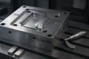 High-precision injection mold with labeled tool steel grades and CNC finishing paths