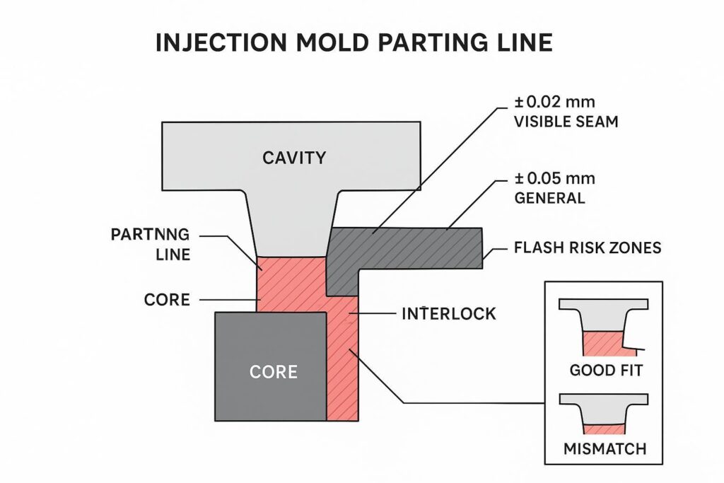 Annotated technical diagram of parting-line fit and tolerance stack with Ra callouts and flash risk zones