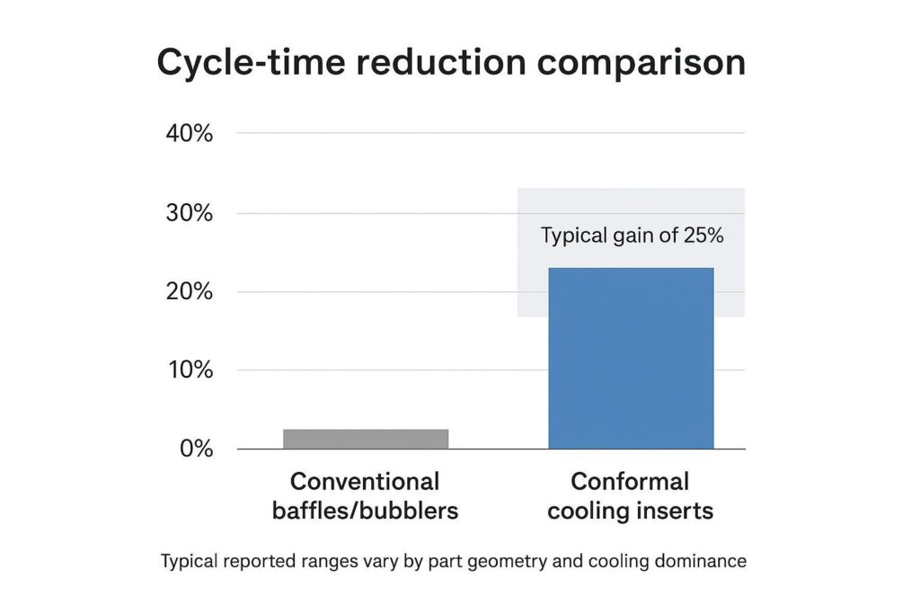 Comparative bar chart infographic showing cycle-time reduction: conventional baffles vs conformal cooling inserts