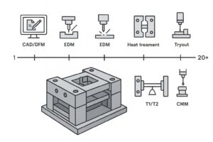 Injection mold lead time timeline showing CAD, machining, assembly, tryout, and inspection steps