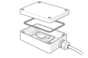 Custom plastic electronic enclosure for industrial control and sensors with gasket sealing, EMI shielding layer, and thermal path