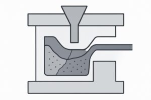 Diagram-style illustration of cracking and pinholes in a BMC injection molded part.